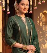 Green woven design liva kurta trouser dupatta set
