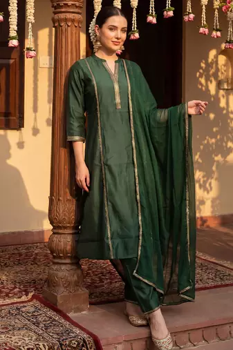 Green woven design liva kurta trouser dupatta set