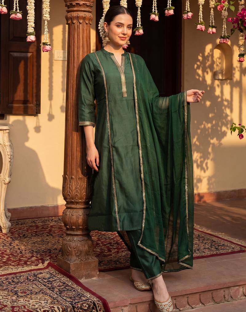 Green woven design liva kurta trouser dupatta set