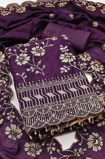 purple vichitra silk embroidery work unstitched dress material