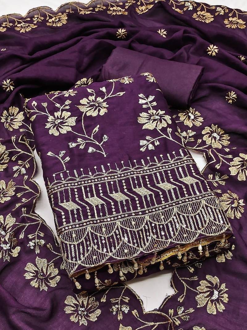 Purple Vichitra Silk Embroidery Work Unstitched Dress Material
