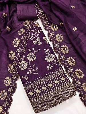 purple vichitra silk embroidery work unstitched dress material 2