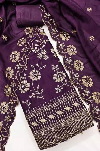 purple vichitra silk embroidery work unstitched dress material