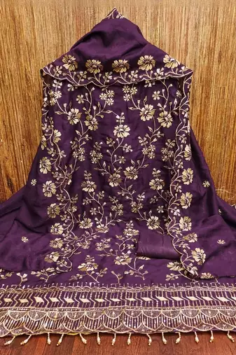 purple vichitra silk embroidery work unstitched dress material
