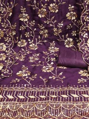 purple vichitra silk embroidery work unstitched dress material 4