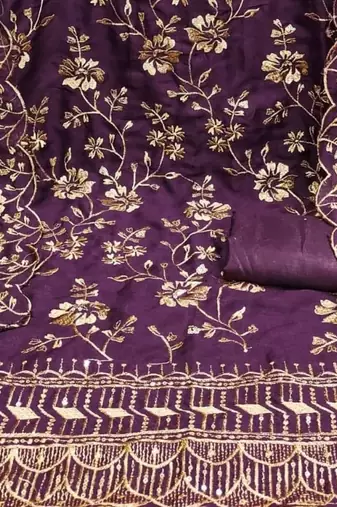 purple vichitra silk embroidery work unstitched dress material