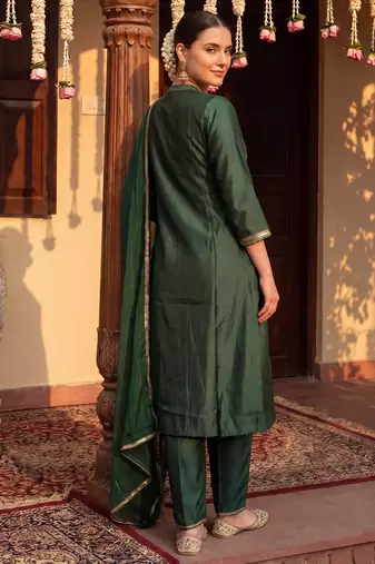 Green woven design liva kurta trouser dupatta set
