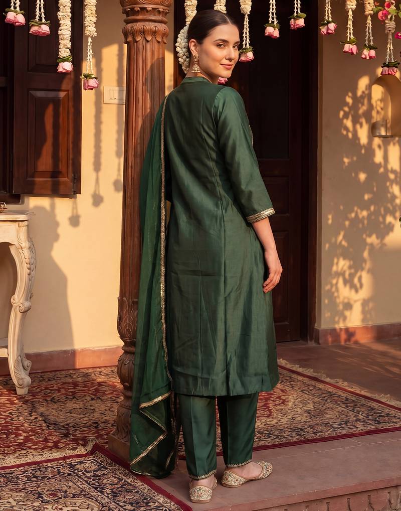 Green woven design liva kurta trouser dupatta set