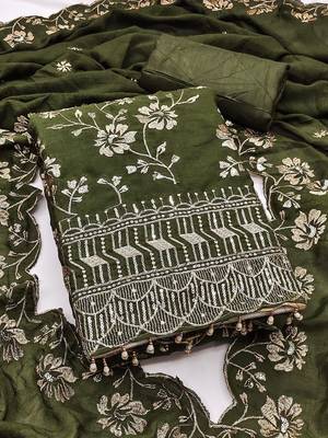 green vichitra silk embroidery work unstitched dress material 2