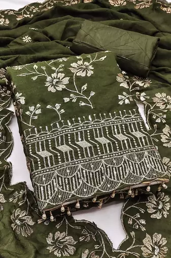 green vichitra silk embroidery work unstitched dress material