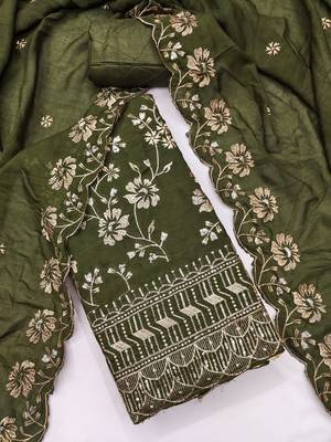 green vichitra silk embroidery work unstitched dress material 3