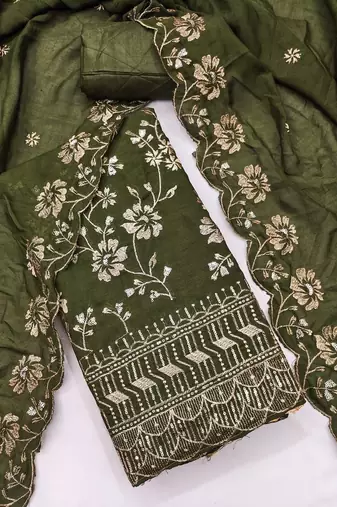green vichitra silk embroidery work unstitched dress material