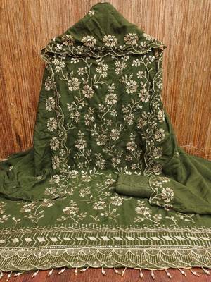 green vichitra silk embroidery work unstitched dress material 1