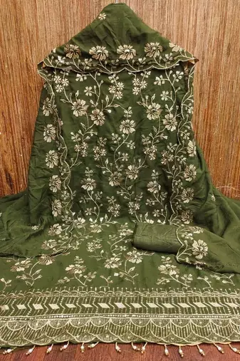 green vichitra silk embroidery work unstitched dress material