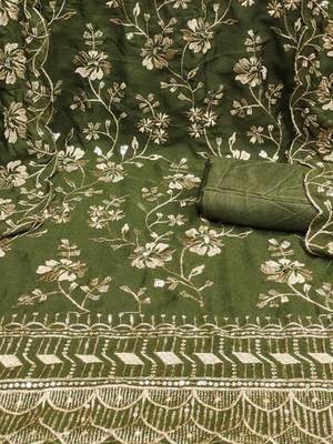 green vichitra silk embroidery work unstitched dress material 4