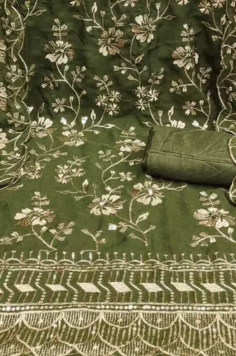 green vichitra silk embroidery work unstitched dress material