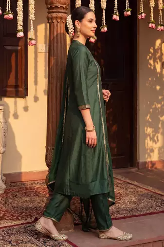 Green woven design liva kurta trouser dupatta set