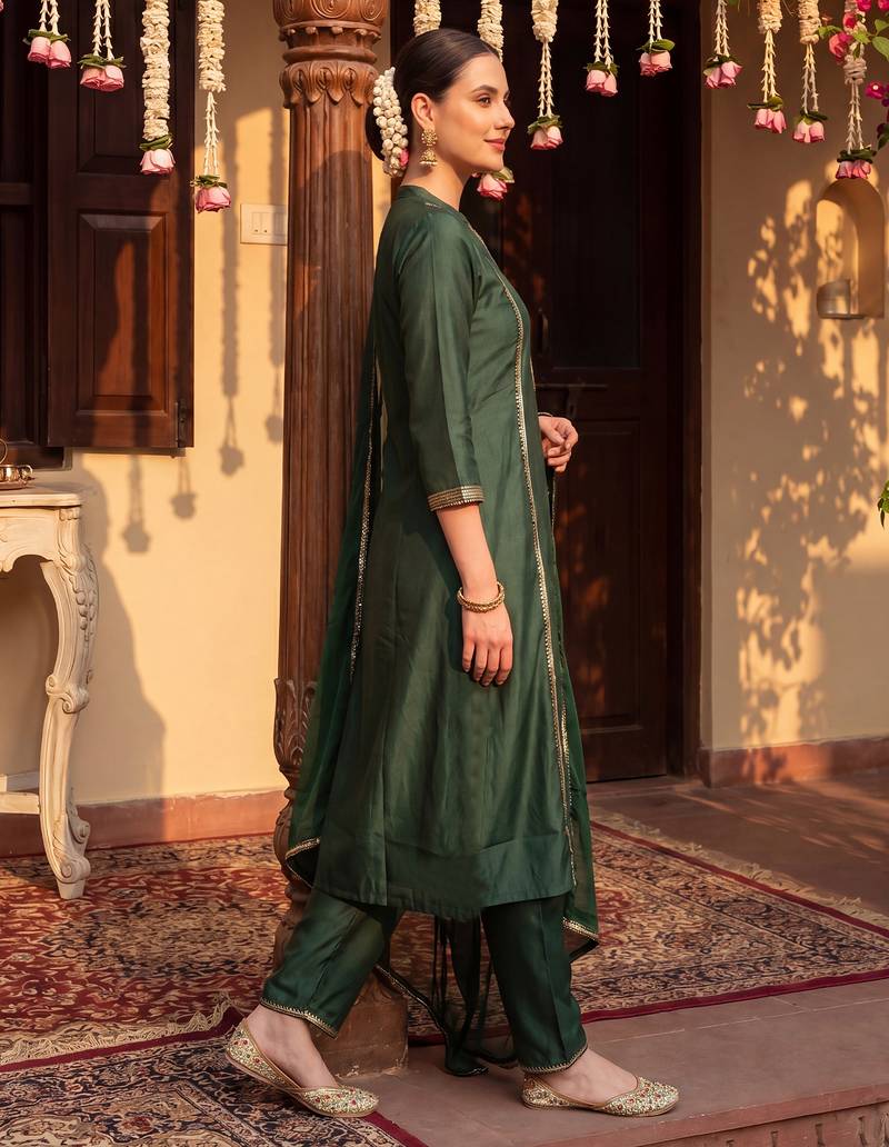 Green woven design liva kurta trouser dupatta set