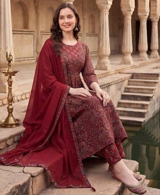 Maroon printed pure cotton kurta trouser dupatta set 1