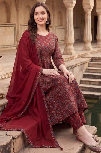 Maroon printed pure cotton kurta trouser dupatta set
