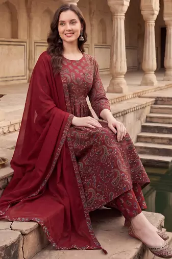 Maroon printed pure cotton kurta trouser dupatta set