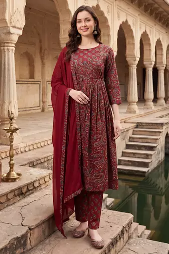 Maroon printed pure cotton kurta trouser dupatta set