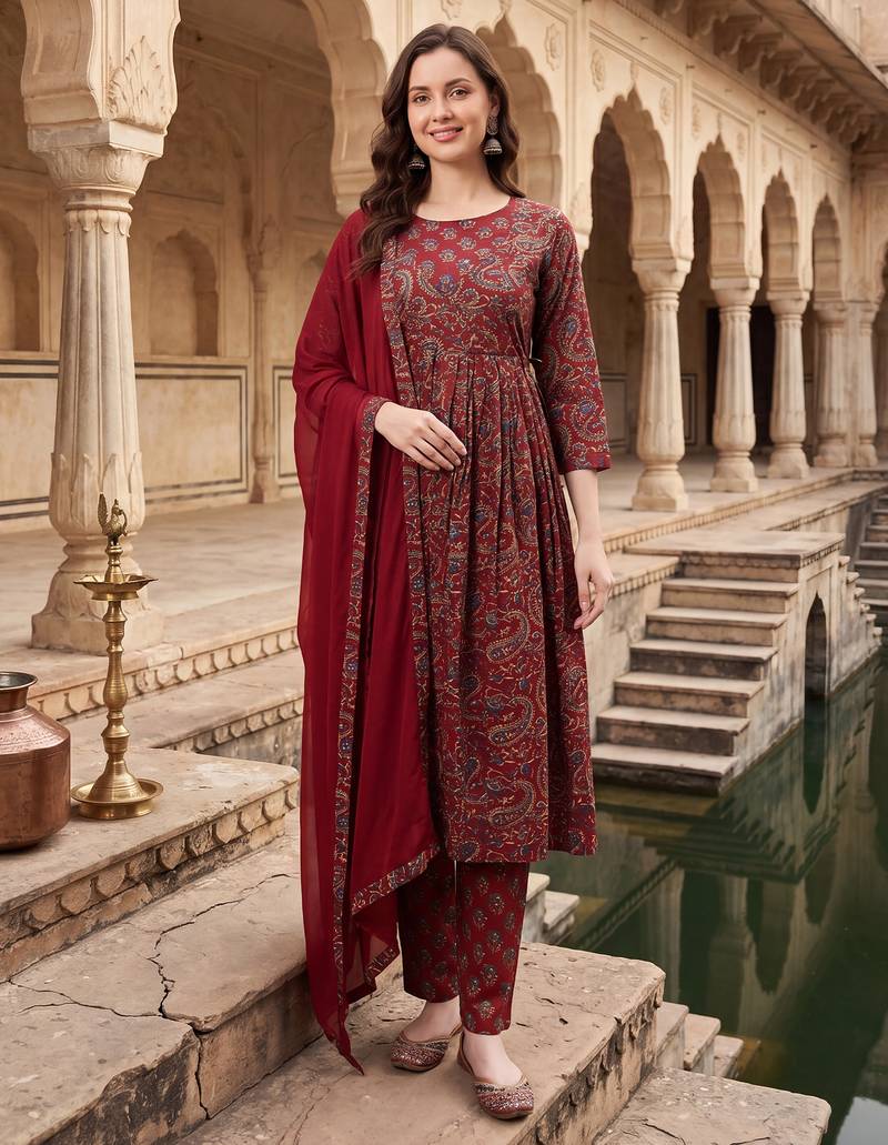 Maroon printed pure cotton kurta trouser dupatta set
