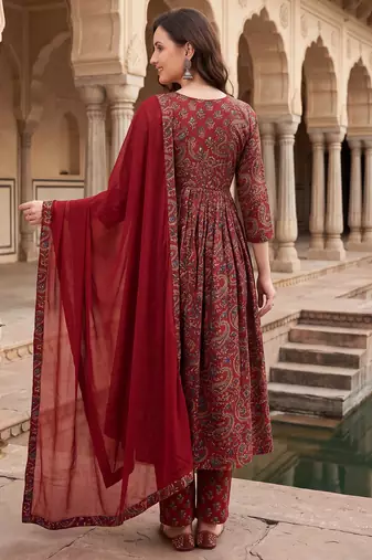 Maroon printed pure cotton kurta trouser dupatta set