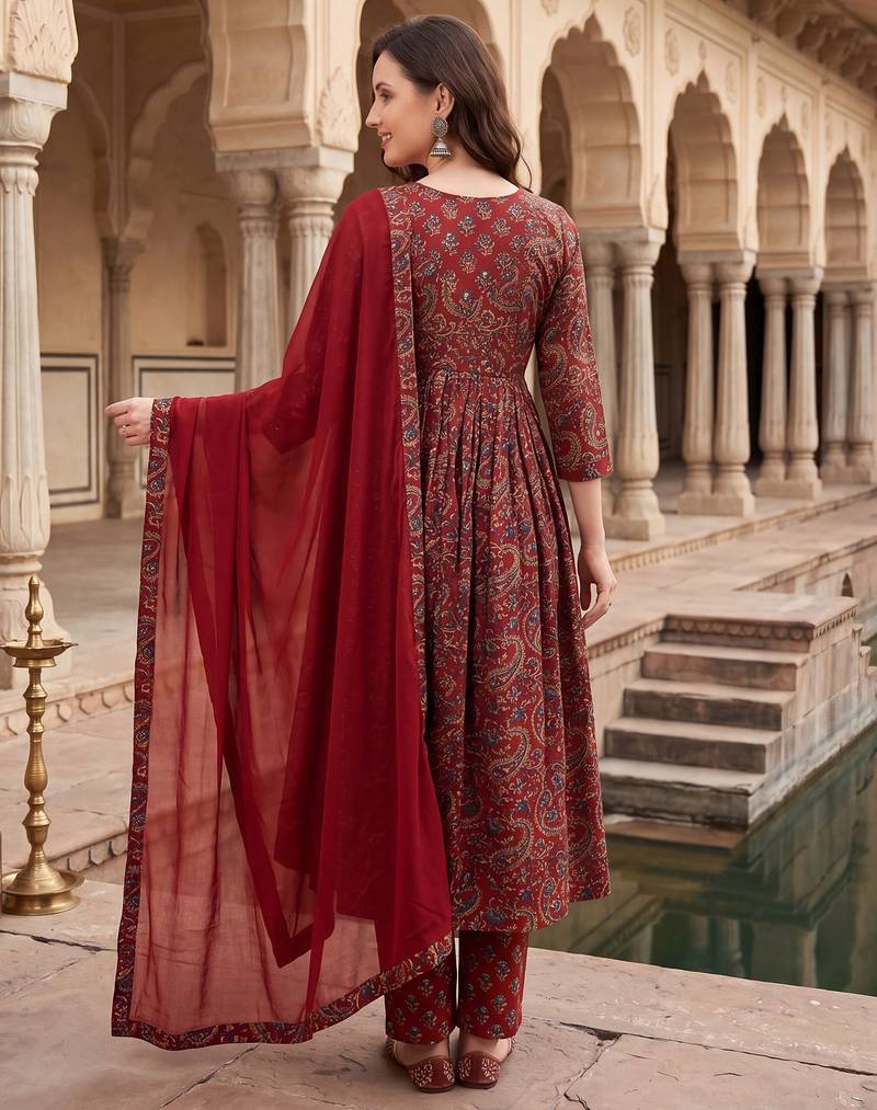 Maroon printed pure cotton kurta trouser dupatta set