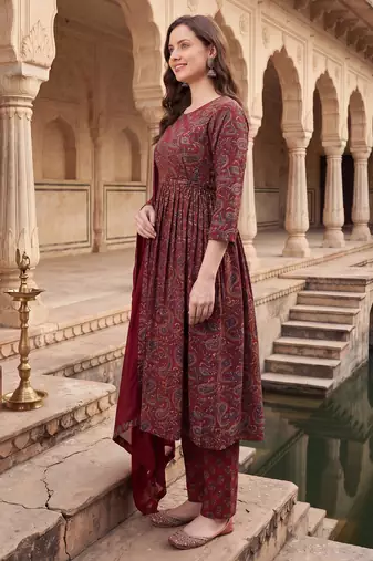 Maroon printed pure cotton kurta trouser dupatta set