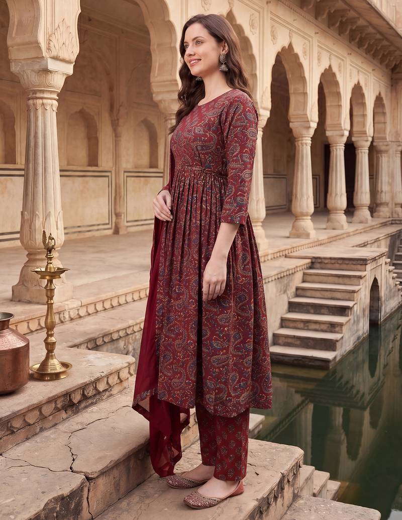 Maroon printed pure cotton kurta trouser dupatta set