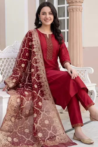 Red yoke design silk blend kurta trouser dupatta set