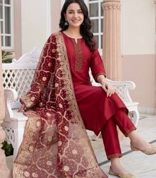 Red yoke design silk blend kurta trouser dupatta set