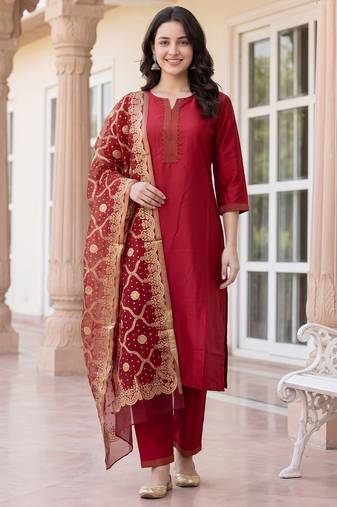 Red yoke design silk blend kurta trouser dupatta set