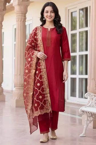 Red yoke design silk blend kurta trouser dupatta set
