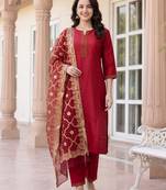 Red yoke design silk blend kurta trouser dupatta set