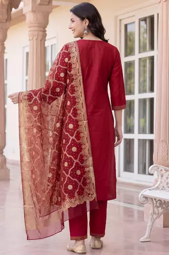 Red yoke design silk blend kurta trouser dupatta set