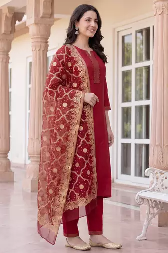 Red yoke design silk blend kurta trouser dupatta set