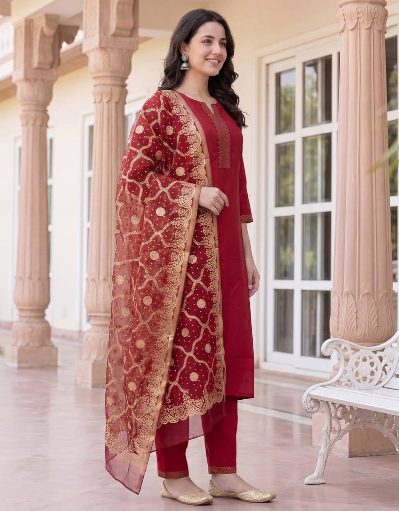 Red yoke design silk blend kurta trouser dupatta set