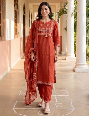 Orange printed pure cotton kurta trouser dupatta set 1