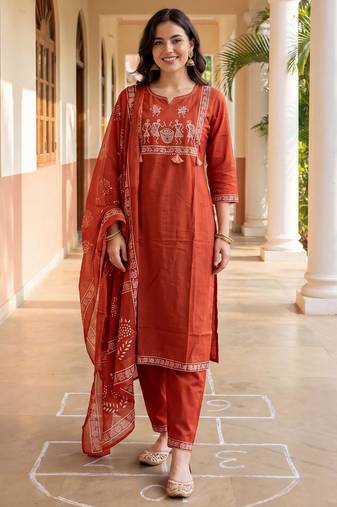Orange printed pure cotton kurta trouser dupatta set