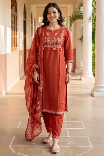 Orange printed pure cotton kurta trouser dupatta set