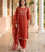 Orange printed pure cotton kurta trouser dupatta set