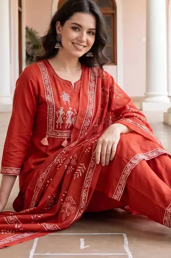 Orange printed pure cotton kurta trouser dupatta set