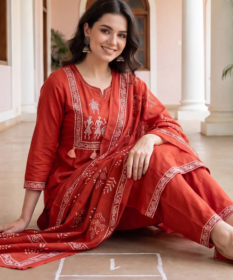 Orange printed pure cotton kurta trouser dupatta set