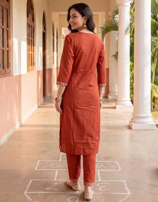 Orange printed pure cotton kurta trouser dupatta set 3