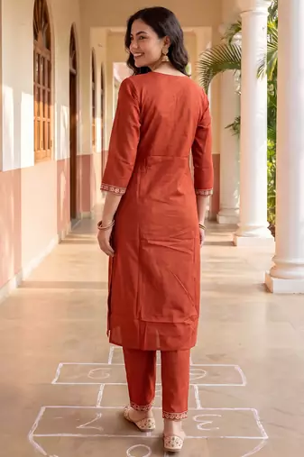 Orange printed pure cotton kurta trouser dupatta set