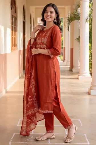Orange printed pure cotton kurta trouser dupatta set