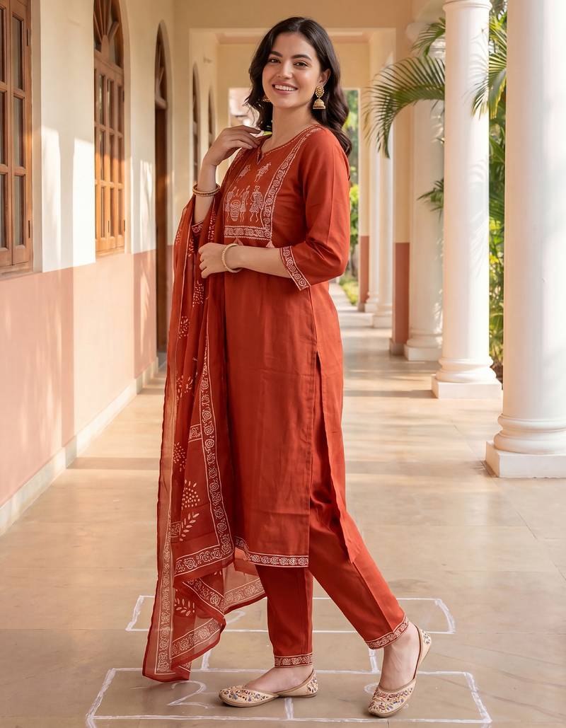 Orange printed pure cotton kurta trouser dupatta set