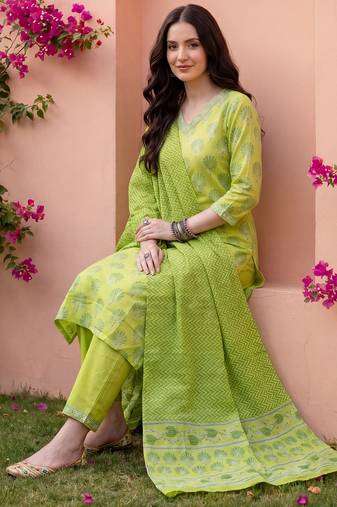 Green printed pure cotton kurta trouser dupatta set